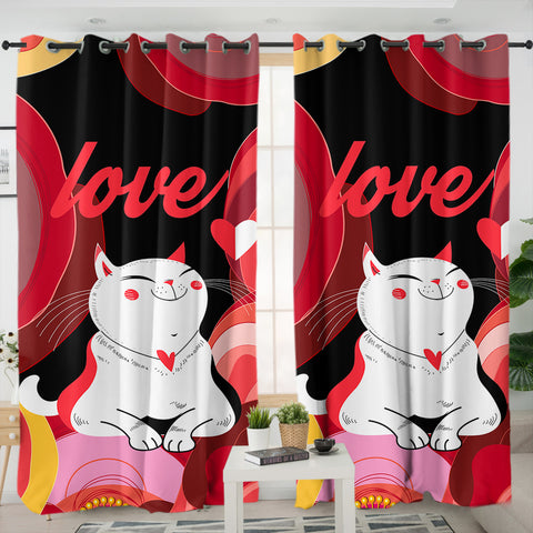 Image of Love White Cat Red Theme Japan Art SWKL3881 - 2 Panel Curtains