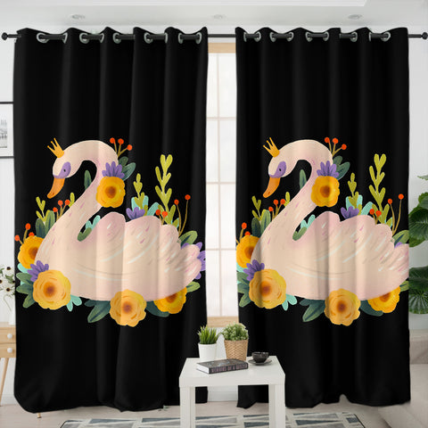 Image of Floral Mute Swan Illustration Art SWKL3882 - 2 Panel Curtains