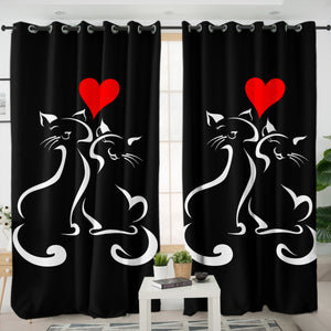 Heart In Love Cat Line Art Black Theme SWKL3886 - 2 Panel Curtains