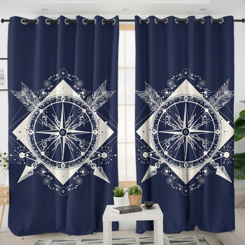 Image of Vintage Compass and Arrows Sketch Navy Theme SWKL3929 - 2 Panel Curtains