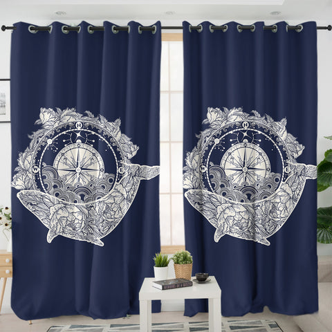 Image of Vintage Floral Whale & Compass Navy Theme SWKL3930 - 2 Panel Curtains