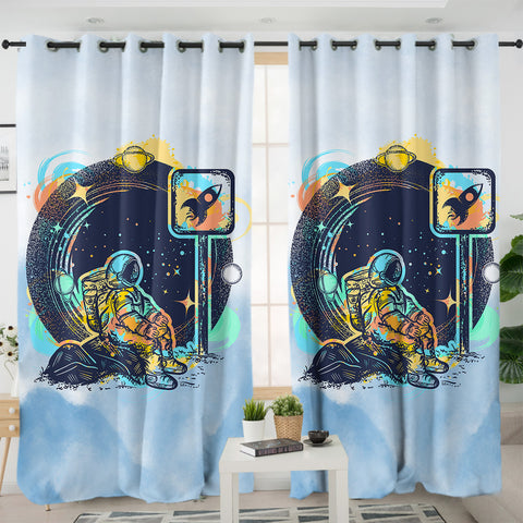 Image of Outspace Astronaut - Watercolor Pastel SWKL3934 - 2 Panel Curtains