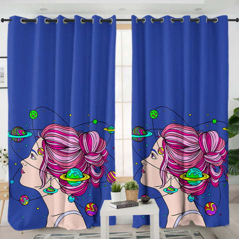 Image of Space Mind Girl Pink Hair Illustration SWKL3939 - 2 Panel Curtains