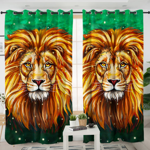 Image of Watercolor Draw Lion Green Theme SWKL3941 - 2 Panel Curtains