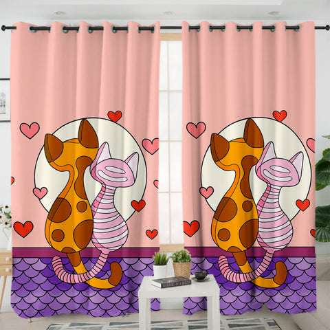 Image of Cute Cat Lovers Under The Moon Illustration SWKL3944 - 2 Panel Curtains