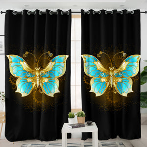Golden Satin Blue Butterfly SWKL4113 - 2 Panel Curtains