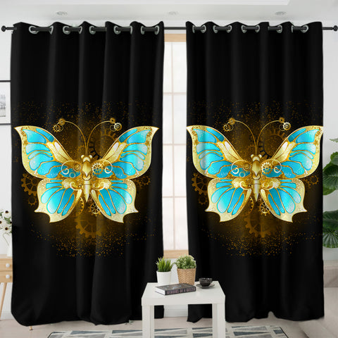 Image of Golden Satin Blue Butterfly SWKL4113 - 2 Panel Curtains