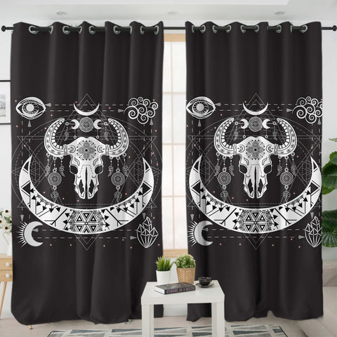 Image of B&W Zodiac Buffalo Skull SWKL4119 - 2 Panel Curtains