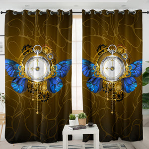 Vintage Golden Clock Blue Butterfly SWKL4122 - 2 Panel Curtains