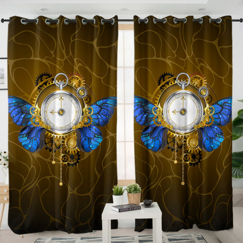 Image of Vintage Golden Clock Blue Butterfly SWKL4122 - 2 Panel Curtains