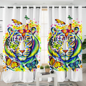 Colorful Watercolor Tiger Sketch & Butterfly SWKL4222 - 2 Panel Curtains