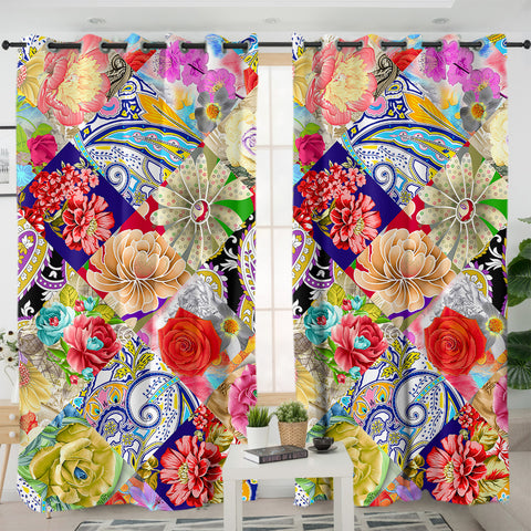 Image of Multi Mandala & Flowers Checkerboard SWKL4296 - 2 Panel Curtains