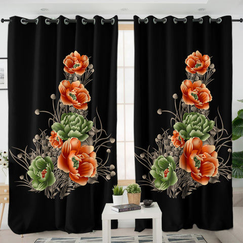 Image of Green & Salmon Lotus SWKL4302 - 2 Panel Curtains