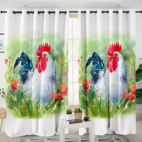 Image of White Chicken Watercolor Painting SWKL4331 - 2 Panel Curtains