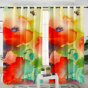 Red Flowers & Green Leaves Watercolor Painting SWKL4398 - 2 Panel Curtains