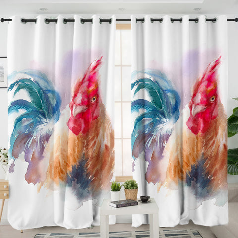 Image of Rooster White Theme Watercolor Painting SWKL4399 - 2 Panel Curtains