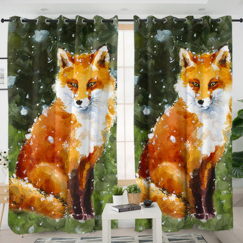 Image of Female Fox In Snow Watercolor Painting SWKL4402 - 2 Panel Curtains