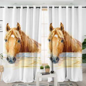 Brown Horse Watercolor Painting SWKL4406 - 2 Panel Curtains