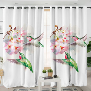 Green Sunbirds Sucking Flowers Watercolor Painting SWKL4408 - 2 Panel Curtains