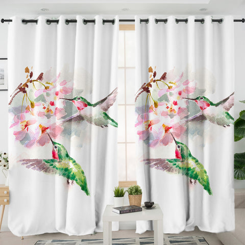 Image of Green Sunbirds Sucking Flowers Watercolor Painting SWKL4408 - 2 Panel Curtains