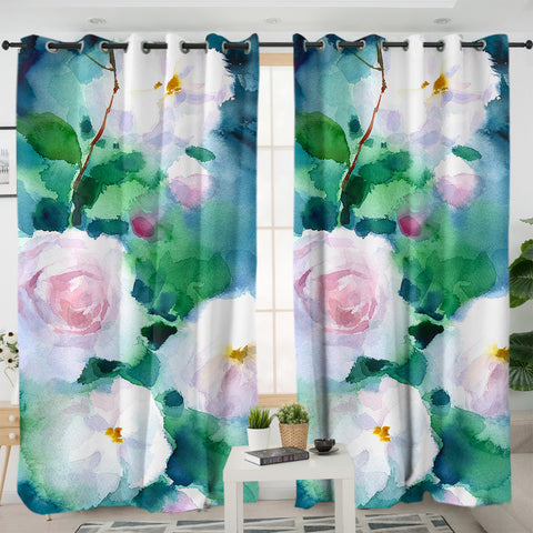 Image of White Flowers & Green Leaves Watercolor Painting SWKL4409 - 2 Panel Curtains