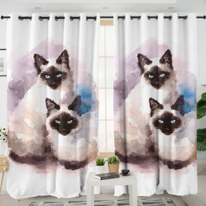 Two Thai Cats Blue & Purple Theme Watercolor Painting SWKL4410 - 2 Panel Curtains