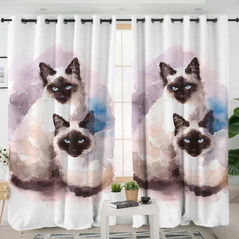 Image of Two Thai Cats Blue & Purple Theme Watercolor Painting SWKL4410 - 2 Panel Curtains