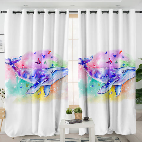 Image of Galaxy Whale Colorful Background Watercolor Painting SWKL4413 - 2 Panel Curtains