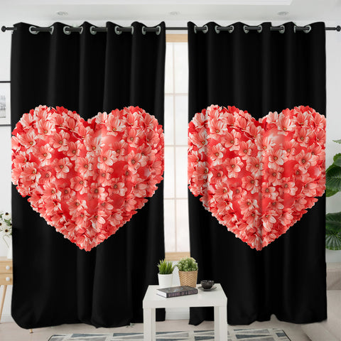 Image of Multi Pink Flowers In Heart Shape Black Theme SWKL4414 - 2 Panel Curtains