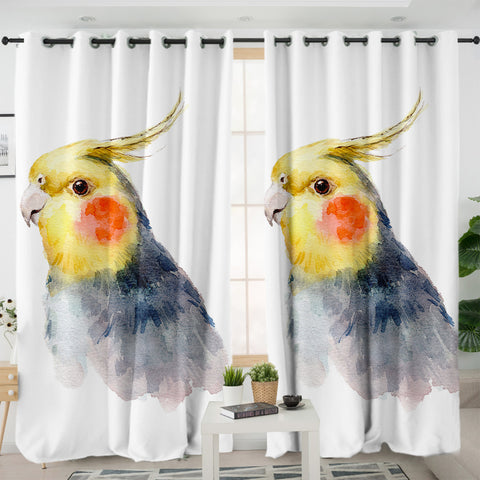 Image of Yellow & Black Parrot White Theme Watercolor Painting SWKL4417 - 2 Panel Curtains