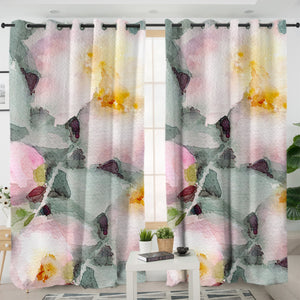 Pink Lotus & Green Leaves Watercolor Painting SWKL4418 - 2 Panel Curtains