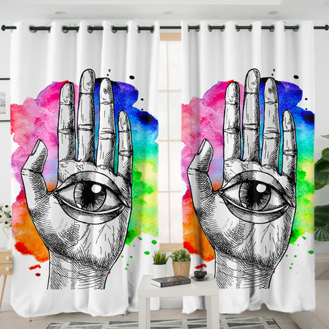 Image of Eye In Hand Sketch Colorful Galaxy Background SWKL4420 - 2 Panel Curtains