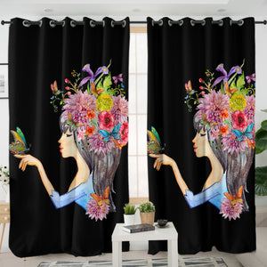 Butterfly Standing On Hand Of Floral Hair Lady SWKL4424 - 2 Panel Curtains