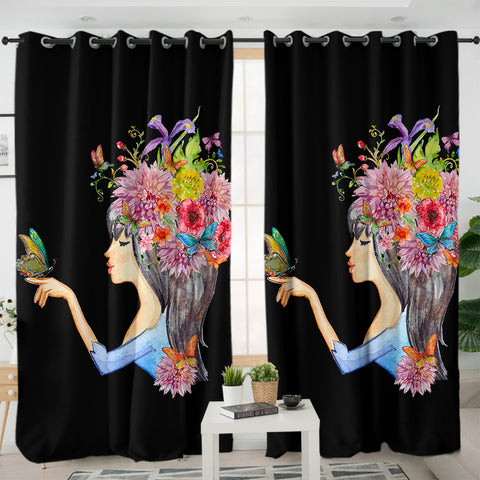 Image of Butterfly Standing On Hand Of Floral Hair Lady SWKL4424 - 2 Panel Curtains