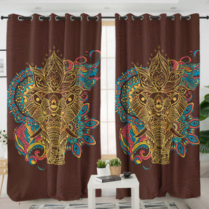 Golden Elephant Buddha Mandala Brown Theme SWKL4425 - 2 Panel Curtains