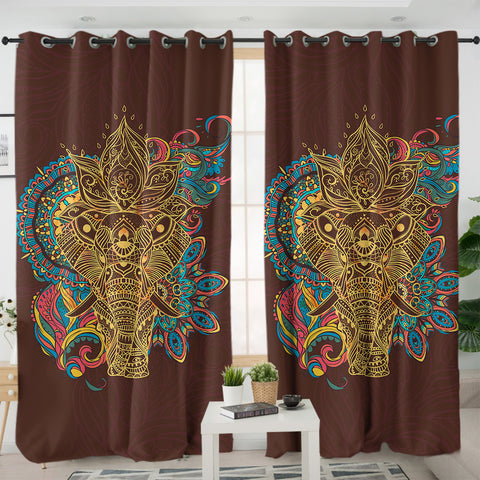 Image of Golden Elephant Buddha Mandala Brown Theme SWKL4425 - 2 Panel Curtains