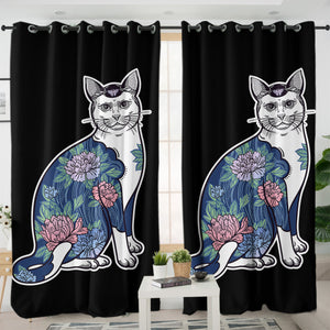 Vintage Floral Navy Cat SWKL4428 - 2 Panel Curtains