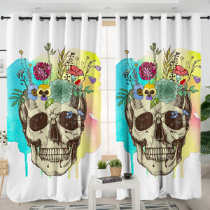 Colorful Flowers On Skull Watercolor Background SWKL4430 - 2 Panel Curtains