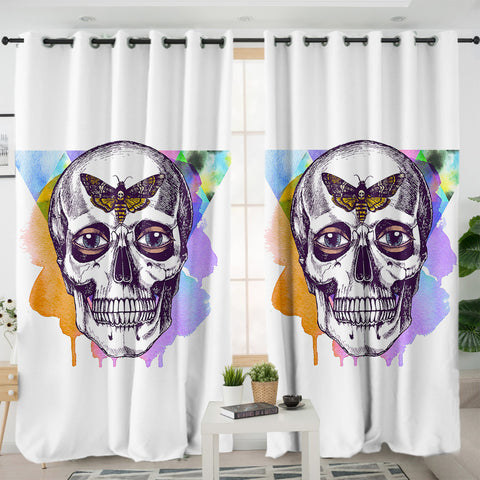 Image of Butterfly Skull Sketch Colorful Watercolor Background SWKL4432 - 2 Panel Curtains