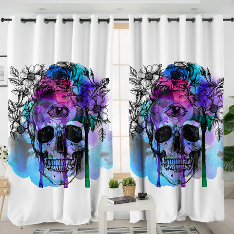 Image of Floral Skull Black Sketch Blue & Pink Watercolor SWKL4433 - 2 Panel Curtains