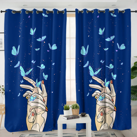 Image of Holding Hands Butterflies Night Sky Stars Illustration SWKL4437 - 2 Panel Curtains