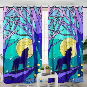 Roaring Wolf In Jungle Night Illustration SWKL4438 - 2 Panel Curtains