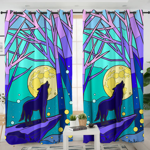 Image of Roaring Wolf In Jungle Night Illustration SWKL4438 - 2 Panel Curtains