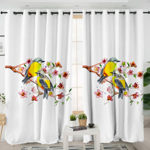 Yellow Sunbirds On Blossom Branch SWKL4439 - 2 Panel Curtains