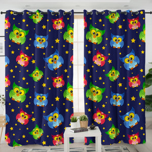 Multi Cute Colorful Owls Night Sky Illustration SWKL4448 - 2 Panel Curtains
