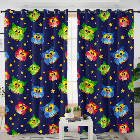 Image of Multi Cute Colorful Owls Night Sky Illustration SWKL4448 - 2 Panel Curtains