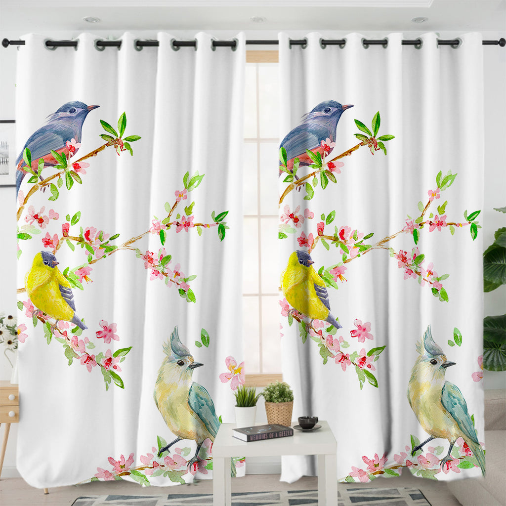 Birds On Blossom Branchs SWKL4492 - 2 Panel Curtains