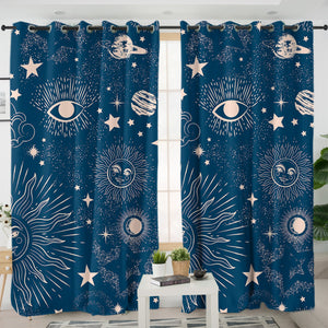 Retro Cream Sun Moon Star Sketch Galaxy Navy Theme SWKL4520 - 2 Panel Curtains