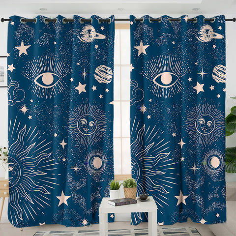 Image of Retro Cream Sun Moon Star Sketch Galaxy Navy Theme SWKL4520 - 2 Panel Curtains