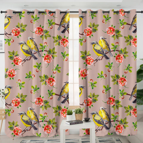 Image of Couple Sunbird and Pink Flowers SWKL4533 - 2 Panel Curtains